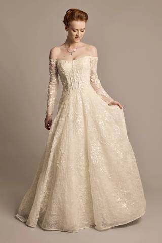 View Oleg Cassini Off-the-Shoulder Pearl Beaded Lace Wedding Dress in all available color and sizes Picture of Off-the-Shoulder Pearl Beaded Lace Wedding Dress